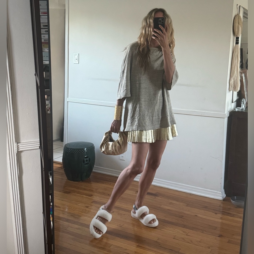 DRIES VAN NOTEN Gray and Gold Oversized Sweater Dress with gold skirt detail
